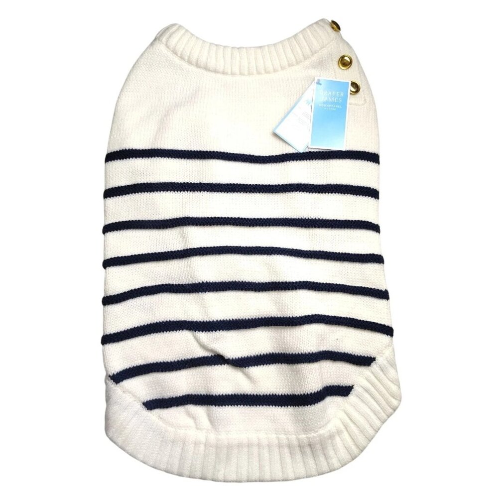 Draper James Extra Large Dog Sweater White With Navy Stripes & Gold Buttons NWT